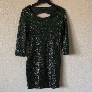 Express Dark Green Sequin Long Sleeve Sheath Dress